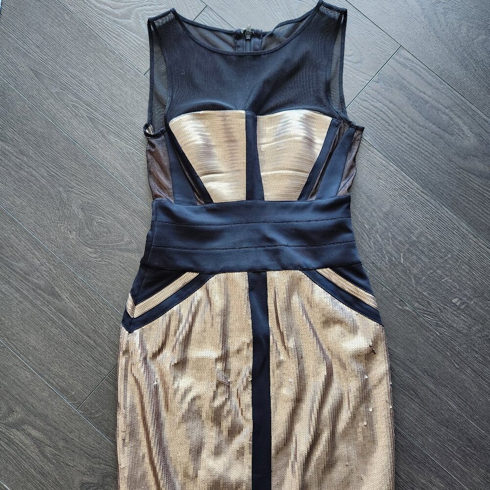 Rose gold sequin mesh midi dress